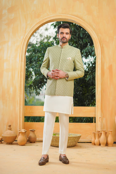 Mint Green Embroidery Sequence Prince Coat humyaunalamgir