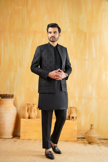 Black Embossed Prince Coat Mehndi Collection HumayunAlamgir