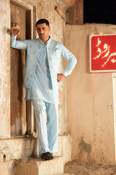 ESHAAN AQUA BLUE WAIST COAT Humayunalamgir