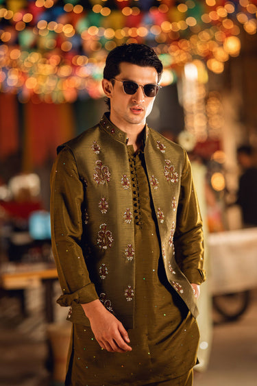 ZAREEF OLIVE GREEN WAIST COAT Humayunalamgir