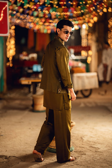 ZAREEF OLIVE GREEN WAIST COAT Humayunalamgir