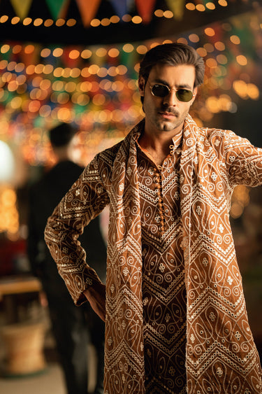 NAQOOSH – BROWN KURTA PAJAMA Humayunalamgir