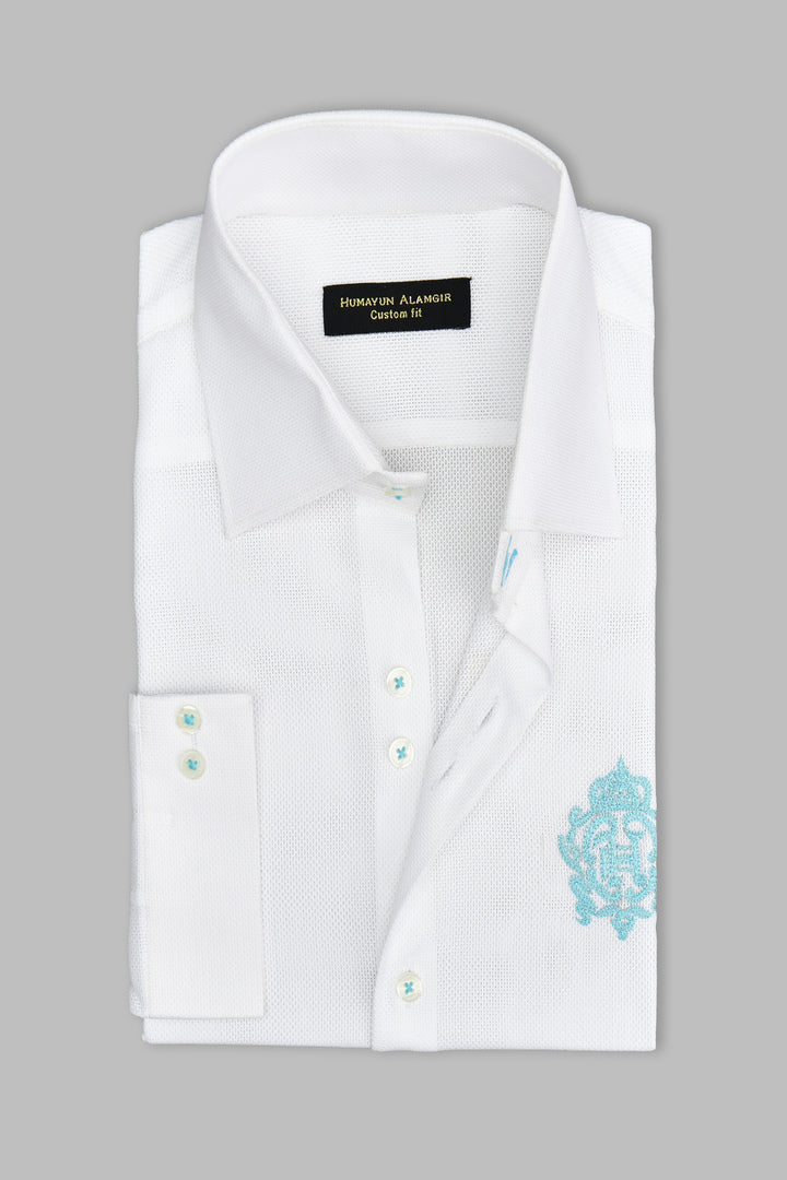 White Dolby Fabric Thread Front Motif Shirt
