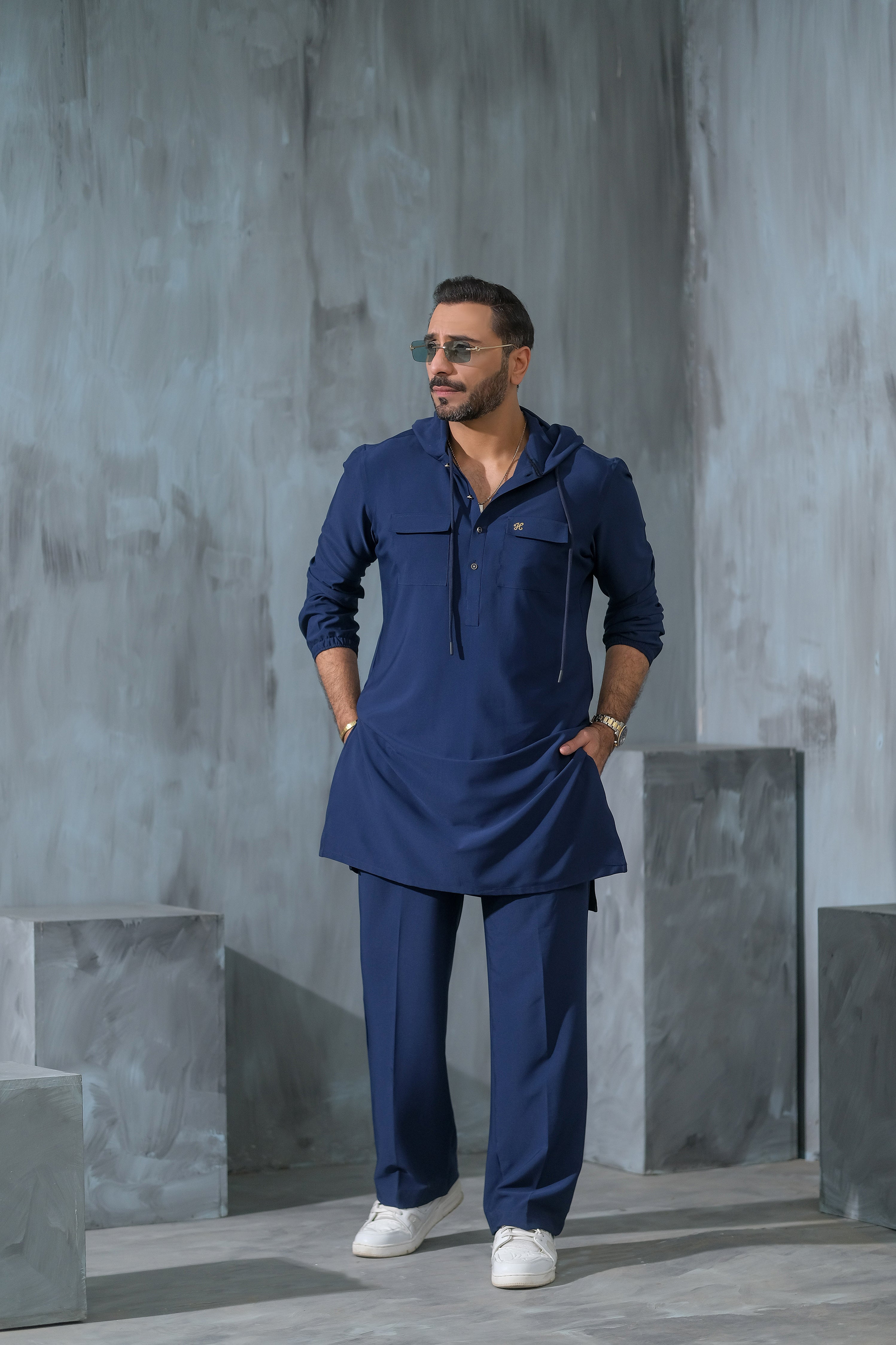 BLUE ARMANI HOODED KURTA PAJAMA Humayunalamgir BLUE ARMANI HOODED KURTA PAJAMA Humayunalamgir