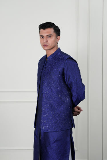 ROYAL BLUE JAMAWAR CUTDANA WAIST COAT Mehndi Collection HumayunAlamgir