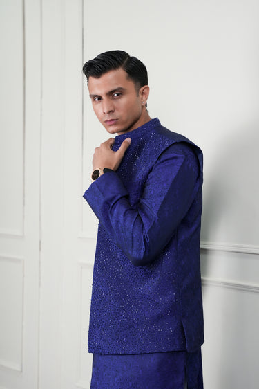 ROYAL BLUE JAMAWAR CUTDANA WAIST COAT Mehndi Collection HumayunAlamgir