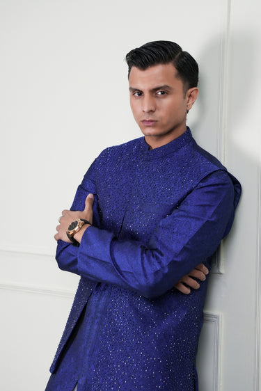 ROYAL BLUE JAMAWAR CUTDANA WAIST COAT Mehndi Collection HumayunAlamgir