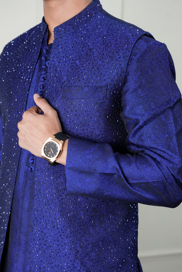 ROYAL BLUE JAMAWAR CUTDANA WAIST COAT Mehndi Collection HumayunAlamgir