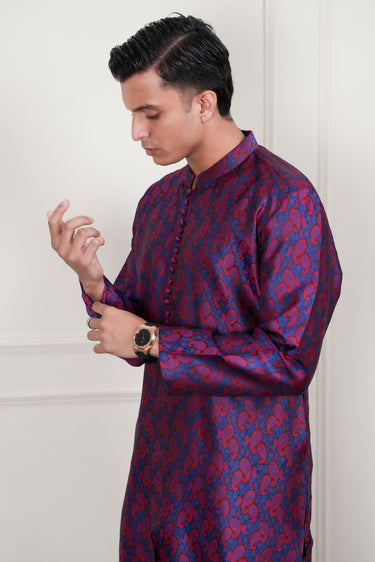 MAROON & BLUE SELF JAMAWAR WAIST COAT Mehndi Collection HumayunAlamgir