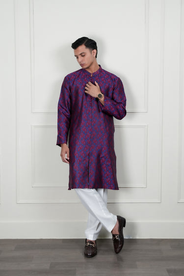MAROON & BLUE SELF JAMAWAR WAIST COAT Mehndi Collection HumayunAlamgir