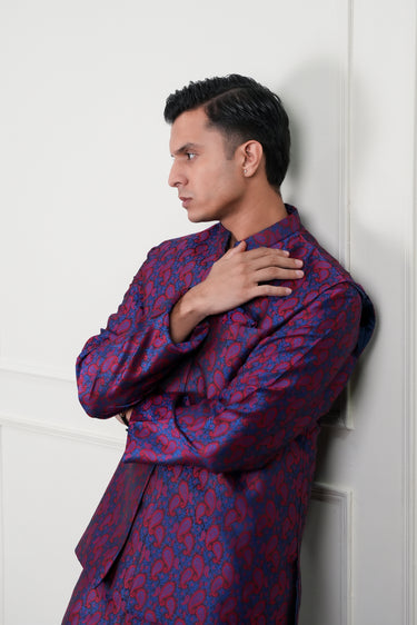 MAROON & BLUE SELF JAMAWAR WAIST COAT Mehndi Collection HumayunAlamgir