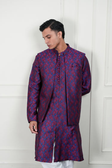 MAROON & BLUE SELF JAMAWAR WAIST COAT Mehndi Collection HumayunAlamgir
