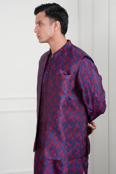MAROON & BLUE SELF JAMAWAR WAIST COAT Mehndi Collection HumayunAlamgir