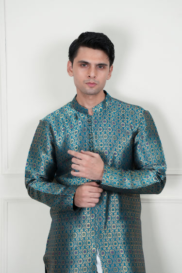 TEEL GREEN SELF JAMAWAR WAIST COAT Mehndi Collection HumayunAlamgir