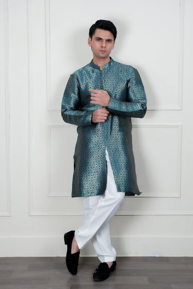 TEEL GREEN SELF JAMAWAR WAIST COAT Mehndi Collection HumayunAlamgir