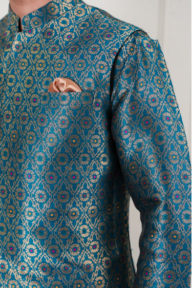 TEEL GREEN SELF JAMAWAR WAIST COAT Mehndi Collection HumayunAlamgir