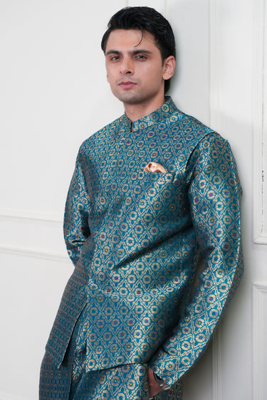 TEEL GREEN SELF JAMAWAR WAIST COAT Mehndi Collection HumayunAlamgir