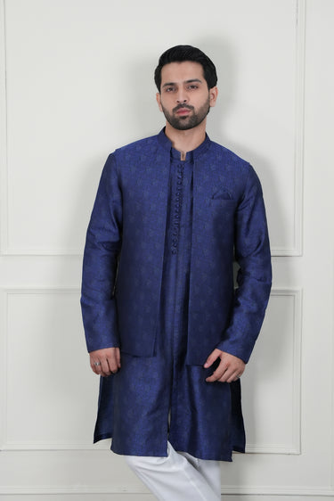 BLUE SELF JAMAWAR WAIST COAT Mehndi Collection HumayunAlamgir