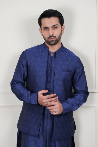 BLUE SELF JAMAWAR WAIST COAT Mehndi Collection HumayunAlamgir