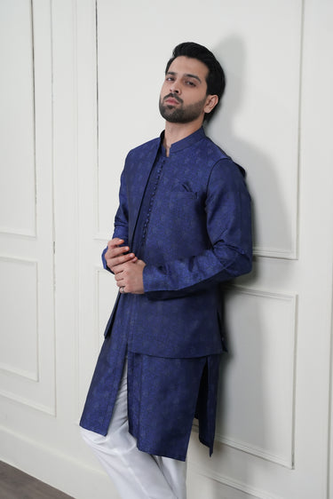 BLUE SELF JAMAWAR WAIST COAT Mehndi Collection HumayunAlamgir