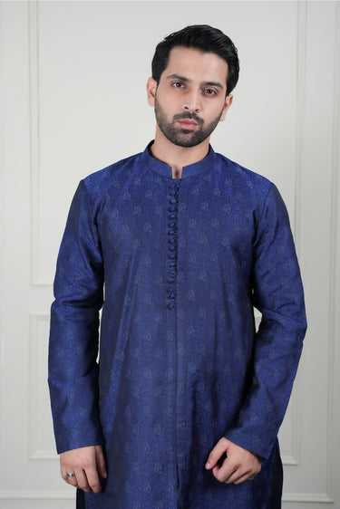 BLUE SELF JAMAWAR WAIST COAT Mehndi Collection HumayunAlamgir