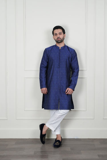 BLUE SELF JAMAWAR WAIST COAT Mehndi Collection HumayunAlamgir