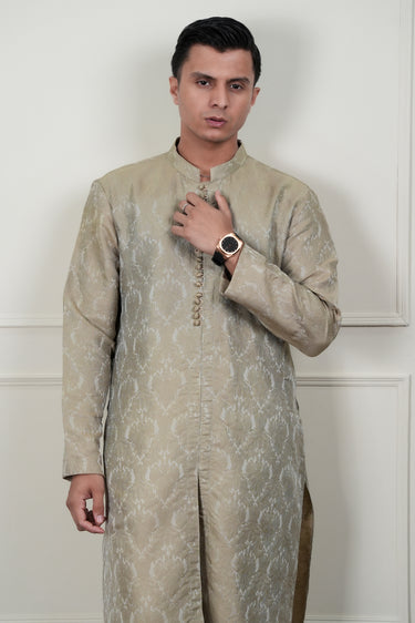 BEIGE SELF JAMAWAR WAIST COAT Mehndi Collection HumayunAlamgir