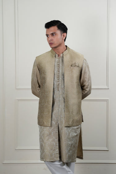 BEIGE SELF JAMAWAR WAIST COAT Mehndi Collection HumayunAlamgir