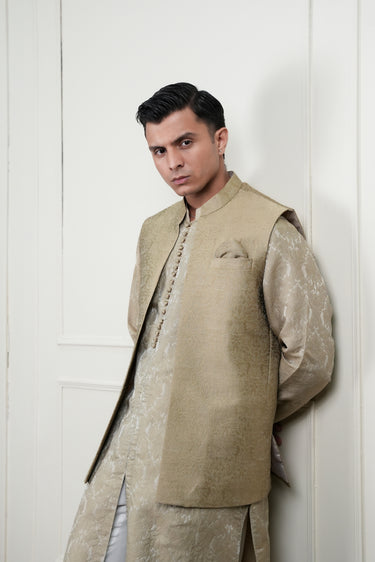 BEIGE SELF JAMAWAR WAIST COAT Mehndi Collection HumayunAlamgir