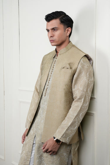 BEIGE SELF JAMAWAR WAIST COAT Mehndi Collection HumayunAlamgir