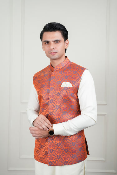 ORANGE SELF JAMAWAR WAIST COAT Mehndi Collection HumayunAlamgir
