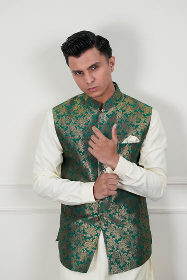 GREEN SELF ZARI JAMAWAR WAIST COAT Mehndi Collection HumayunAlamgir