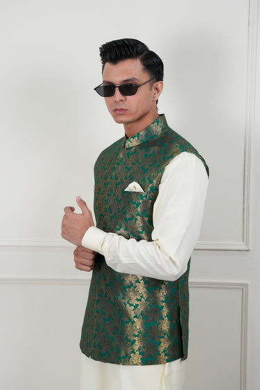 GREEN SELF ZARI JAMAWAR WAIST COAT Mehndi Collection HumayunAlamgir