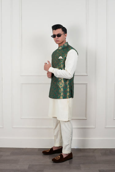 GREEN SELF ZARI JAMAWAR WAIST COAT Mehndi Collection HumayunAlamgir