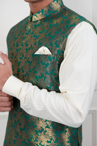 GREEN SELF ZARI JAMAWAR WAIST COAT Mehndi Collection HumayunAlamgir