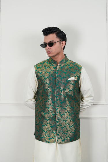 GREEN SELF ZARI JAMAWAR WAIST COAT Mehndi Collection HumayunAlamgir