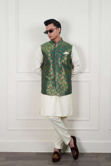 GREEN SELF ZARI JAMAWAR WAIST COAT Mehndi Collection HumayunAlamgir