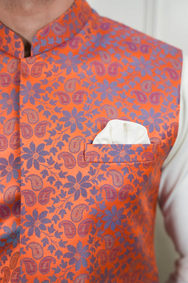 ORANGE SELF JAMAWAR WAIST COAT Mehndi Collection HumayunAlamgir
