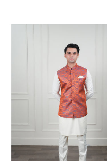 ORANGE SELF JAMAWAR WAIST COAT Mehndi Collection HumayunAlamgir