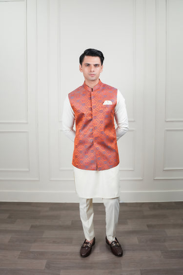 ORANGE SELF JAMAWAR WAIST COAT Mehndi Collection HumayunAlamgir