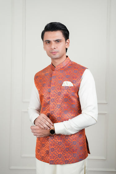 ORANGE SELF JAMAWAR WAIST COAT Mehndi Collection HumayunAlamgir