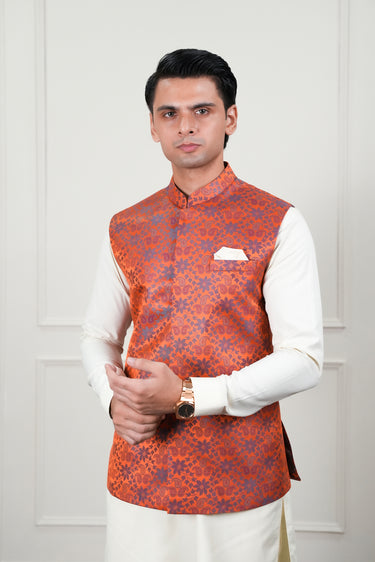 ORANGE SELF JAMAWAR WAIST COAT Mehndi Collection HumayunAlamgir