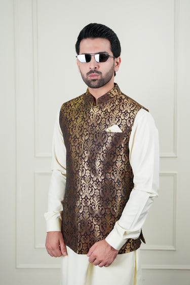 BROWN GOLDEN ZARI JAMAWAR WAIST COAT Mehndi Collection HumayunAlamgir