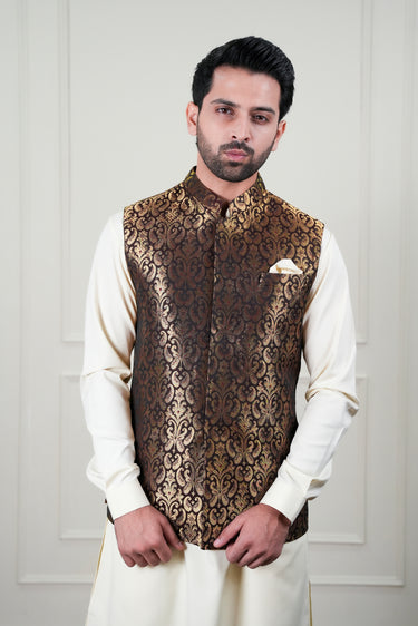 BROWN GOLDEN ZARI JAMAWAR WAIST COAT Mehndi Collection HumayunAlamgir