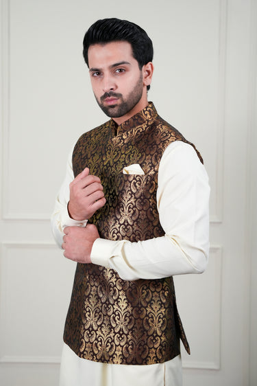 BROWN GOLDEN ZARI JAMAWAR WAIST COAT Mehndi Collection HumayunAlamgir