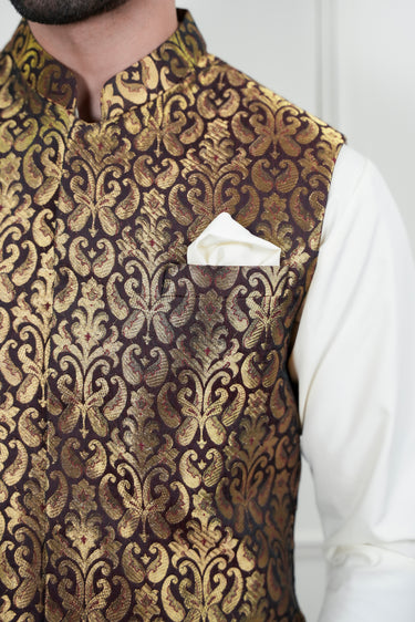 BROWN GOLDEN ZARI JAMAWAR WAIST COAT Mehndi Collection HumayunAlamgir