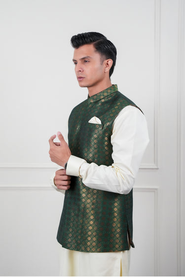 GREEN ZARI JAMAWAR WAIST COAT Mehndi Collection HumayunAlamgir