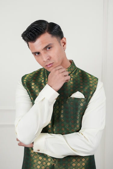 GREEN ZARI JAMAWAR WAIST COAT Mehndi Collection HumayunAlamgir