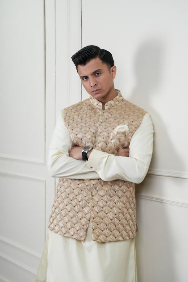 BEIGE SELF EMBROIDERY WAIST COAT Mehndi Collection HumayunAlamgir