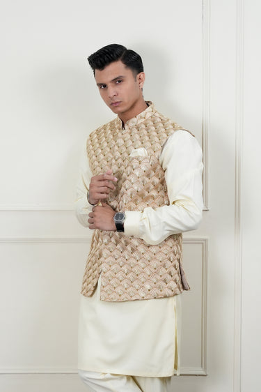 BEIGE SELF EMBROIDERY WAIST COAT Mehndi Collection HumayunAlamgir